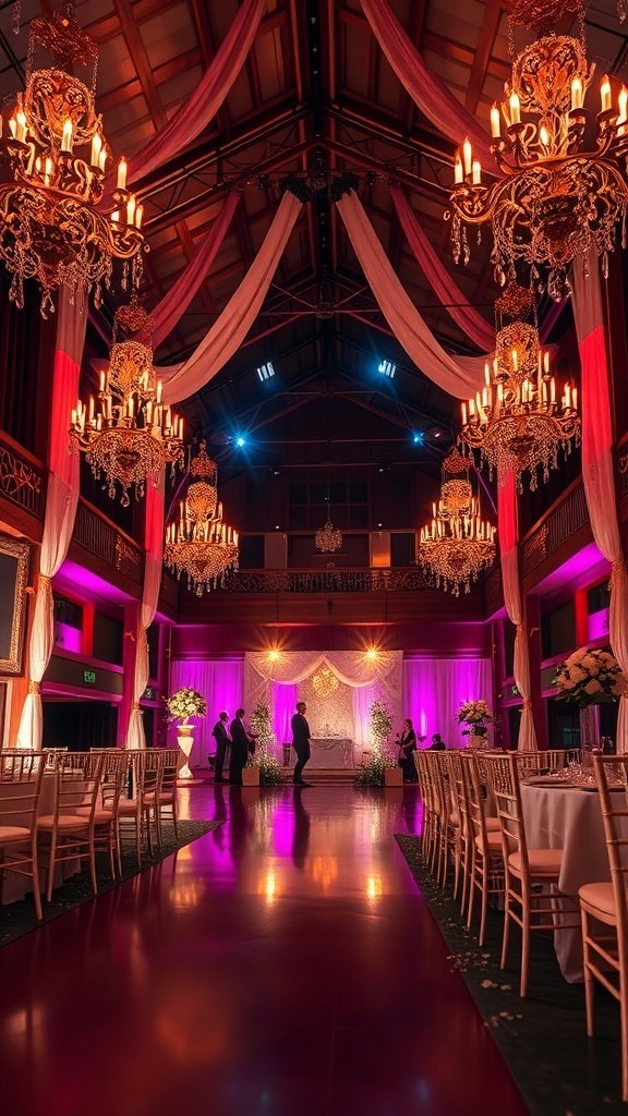 Elegant wedding venue with chandeliers and colorful lighting