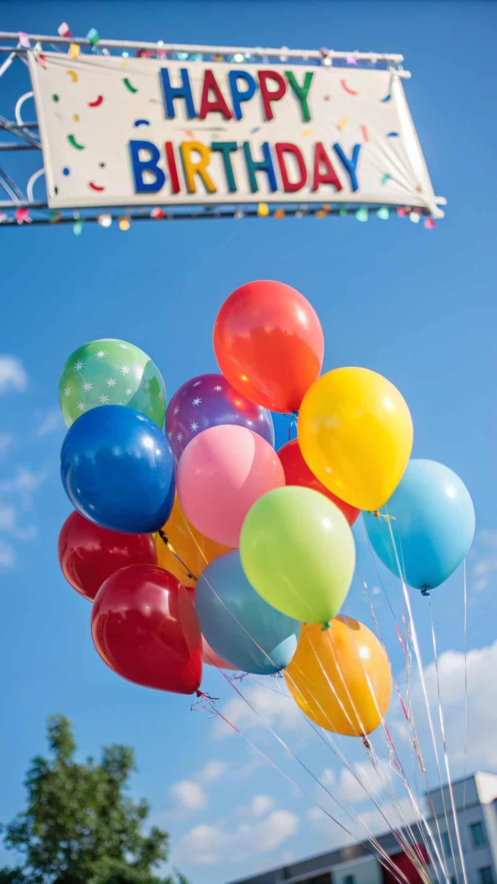Colorful balloons with a 'Happy Birthday' sign in the background