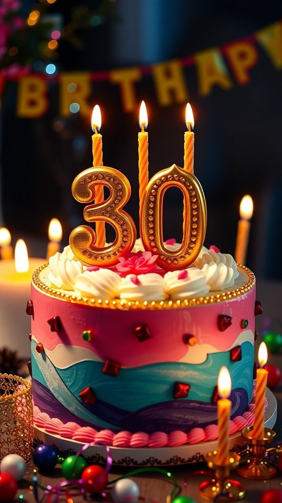 A colorful 30th birthday cake with candles and decorations