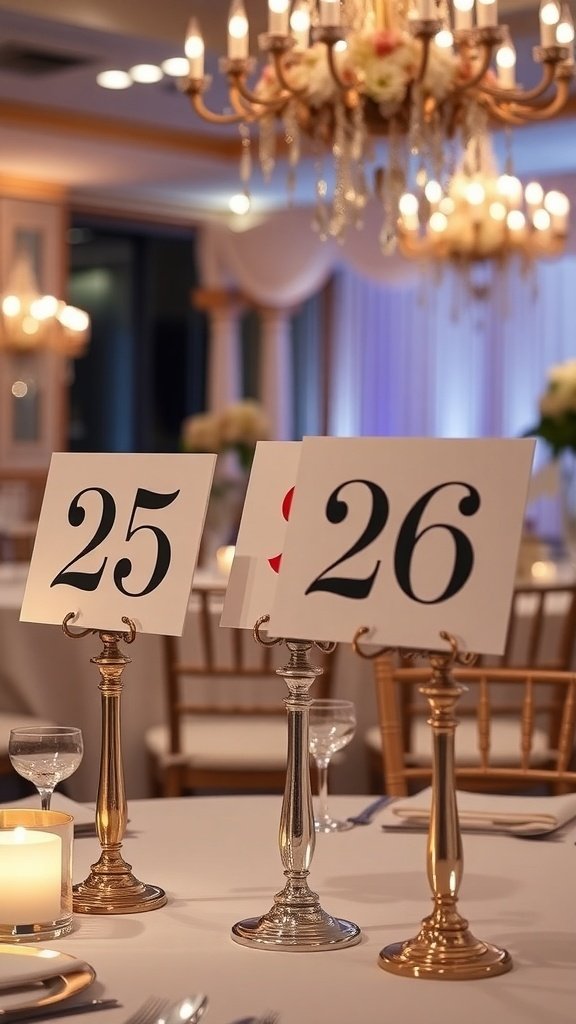 Elegant table numbers on stylish stands at a wedding reception