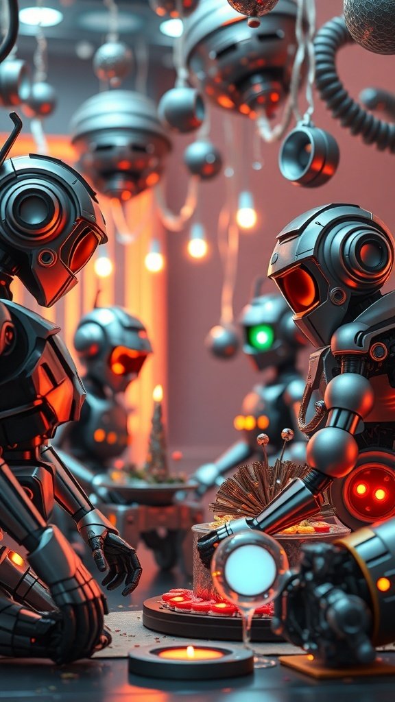 A festive robot birthday party scene with robots enjoying treats and decorations.