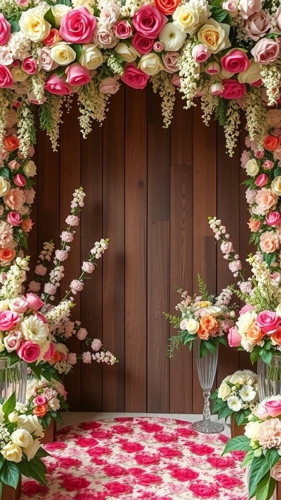 A floral arch with roses and other flowers, set against a wooden backdrop, creating a beautiful photo backdrop.