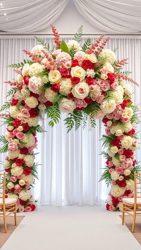 A floral archway adorned with roses and hydrangeas, creating a romantic wedding backdrop.