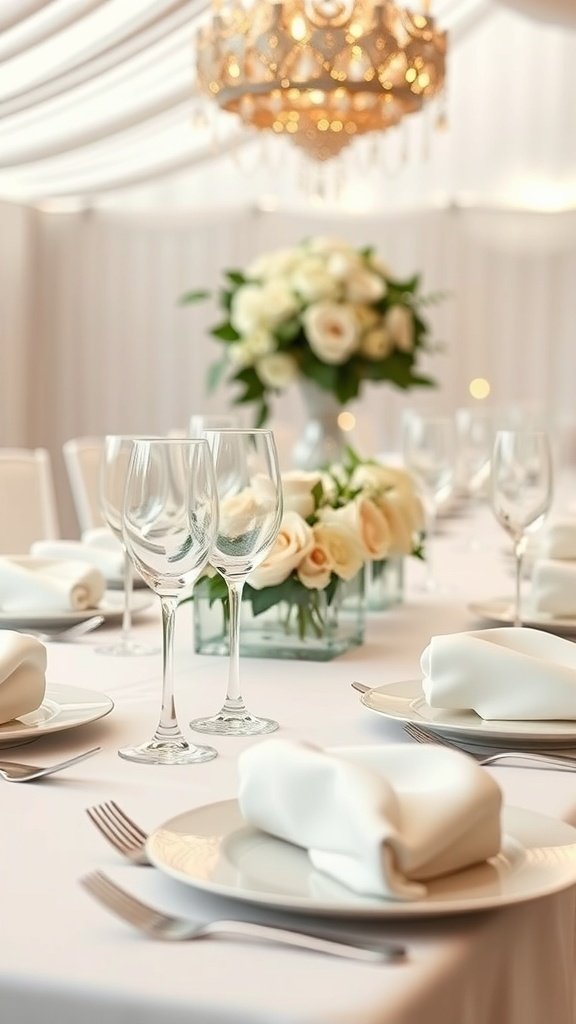 Elegant table setting with white tablecloth, fine china, glassware, and floral centerpiece.