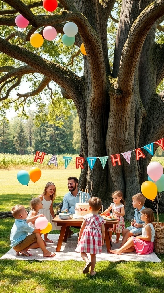 Children celebrating a birthday party under a large tree with balloons and a cake.