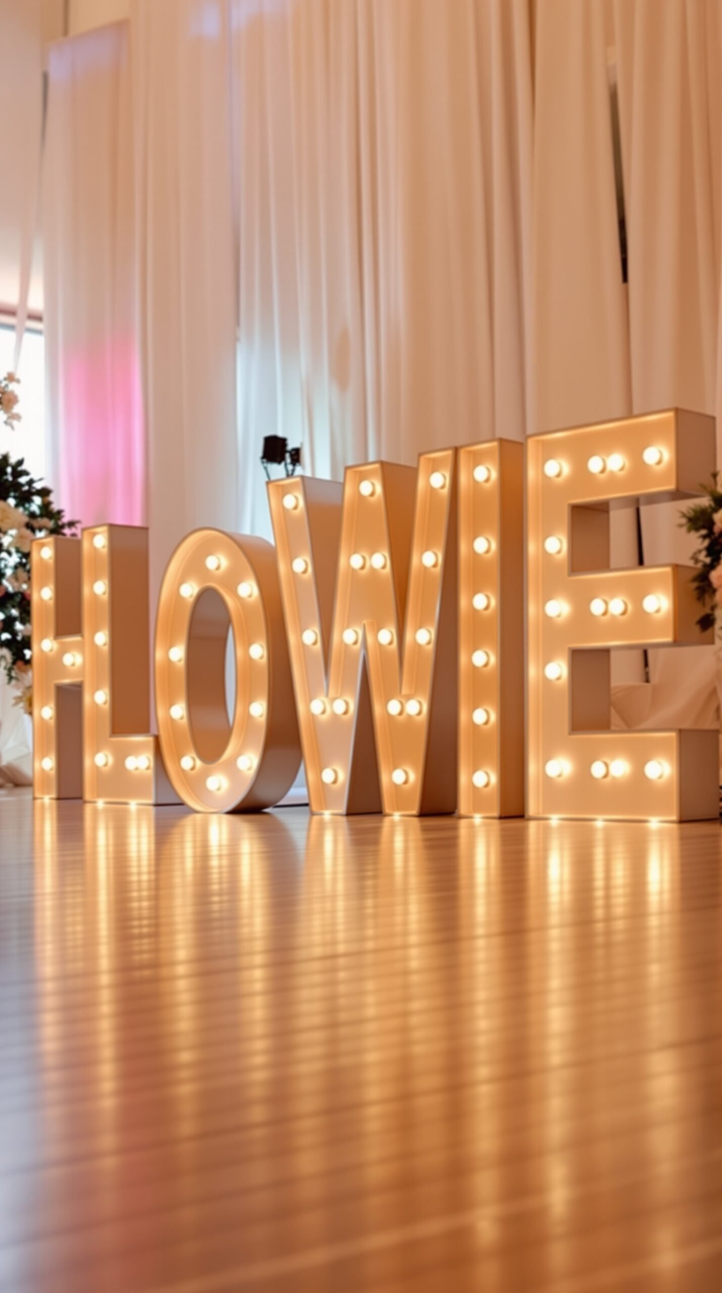 Illuminated letters spelling 'COWIII' with chandeliers in the background