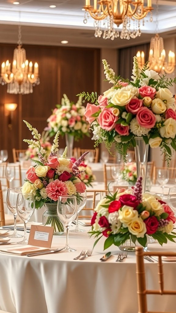 Elegant floral arrangements on wedding tables with chandeliers in the background.
