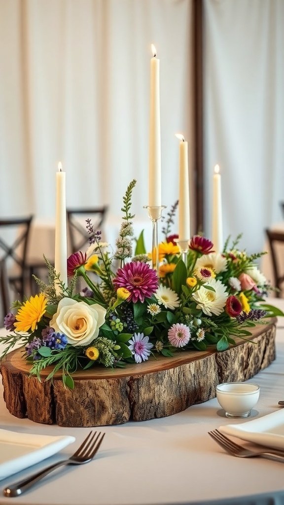 Rustic wooden centerpiece with flowers and candles