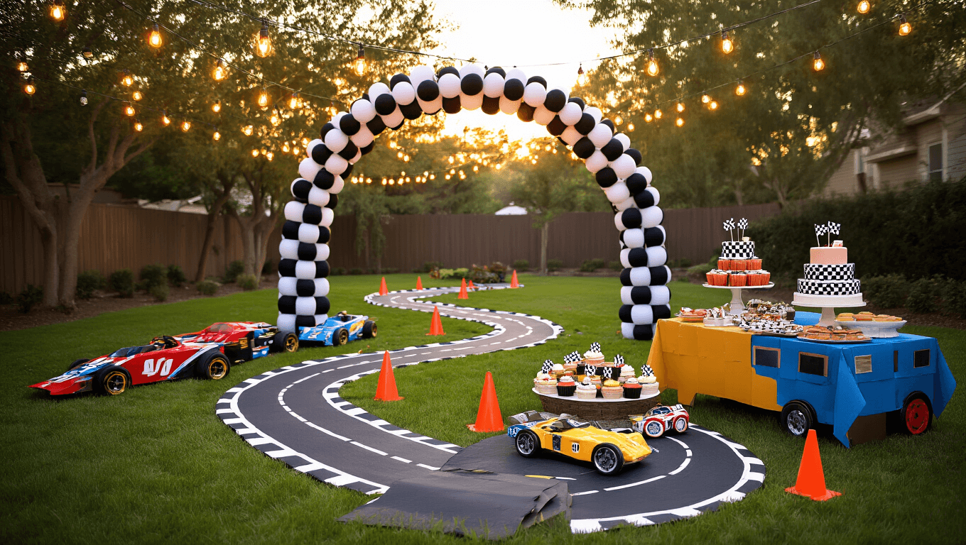 Photorealistic backyard race car birthday party setup at golden hour, featuring a checkered flag archway, DIY racetrack, dessert table with a tire-themed cake, colorful cardboard race cars, and trophy centerpieces, all illuminated by string lights in a dreamy atmosphere.