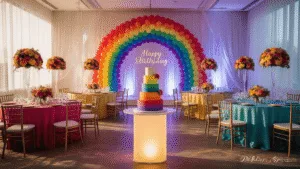 A luxurious ballroom decorated in a rainbow theme for a birthday celebration, featuring ombré table linens, balloon bouquets, a rainbow backdrop, and a stunning 4-tier ombré cake, all illuminated by golden hour light.