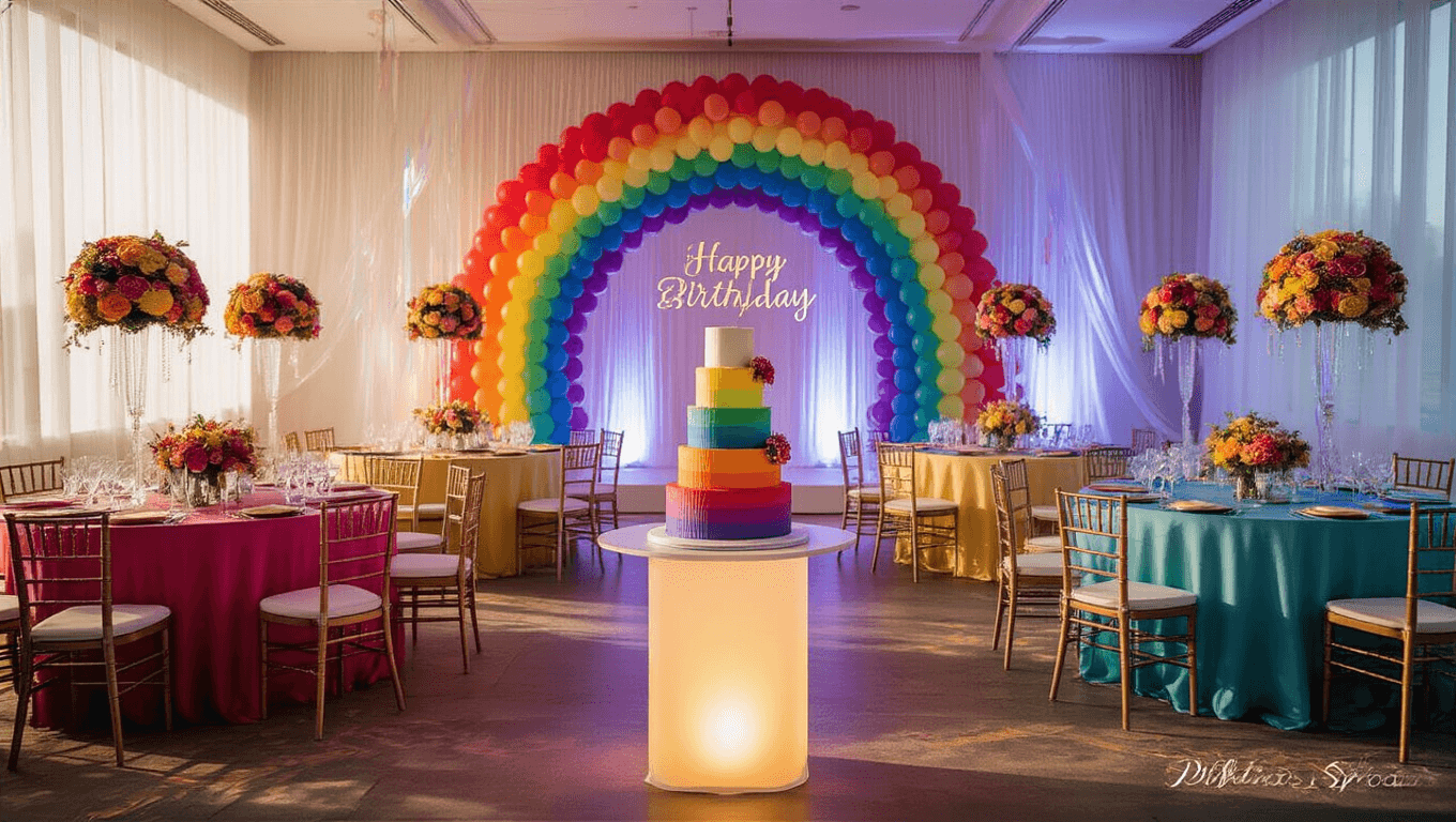 A luxurious ballroom decorated in a rainbow theme for a birthday celebration, featuring ombré table linens, balloon bouquets, a rainbow backdrop, and a stunning 4-tier ombré cake, all illuminated by golden hour light.