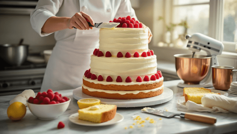 Photorealistic image of a luxurious three-tiered wedding cake being assembled in a sunlit kitchen, featuring pearl-white buttercream, fresh raspberries, and lemon zest scattered on a marble counter, with a baker's hands smoothing the frosting, surrounded by professional baking tools and warm wood accents.
