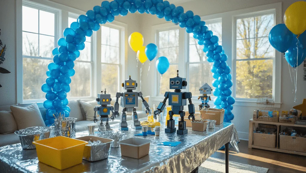 A vibrant robot-themed birthday party in a modern living room, featuring a craft table with metallic tablecloth, handmade cardboard robots, balloon arches, and a dessert table with a tiered cake and cupcakes, capturing children engaged in creative activities.