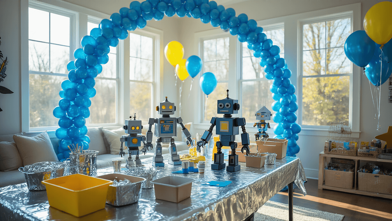A vibrant robot-themed birthday party in a modern living room, featuring a craft table with metallic tablecloth, handmade cardboard robots, balloon arches, and a dessert table with a tiered cake and cupcakes, capturing children engaged in creative activities.