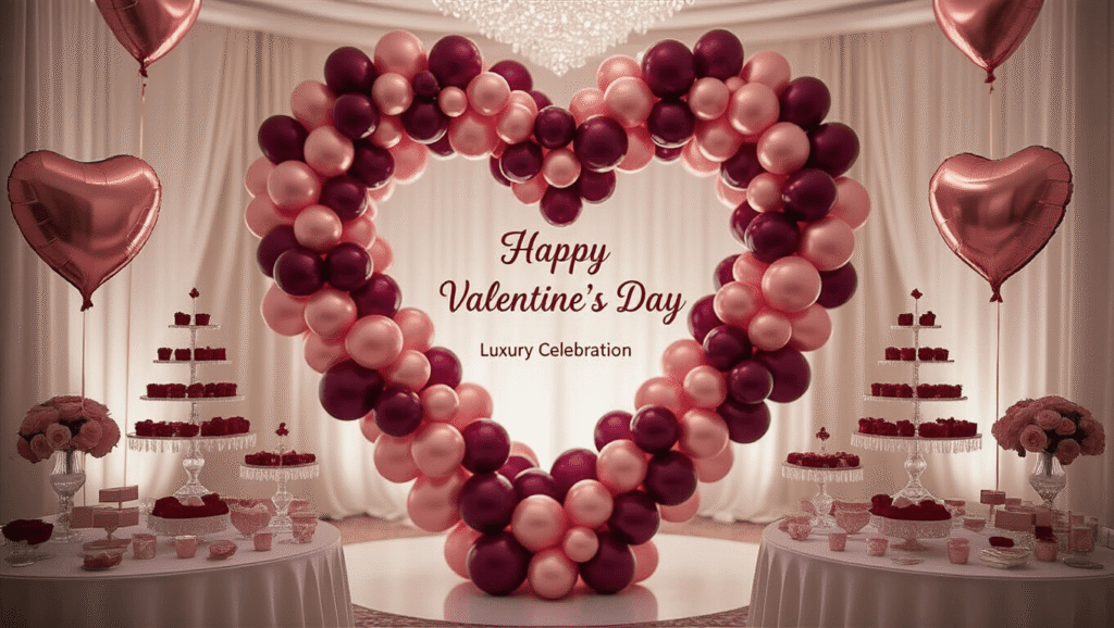 Elegant Valentine's Day ballroom setup with cascading heart-shaped balloon installation, ornate dessert table, and intimate table settings in rich colors, illuminated by soft, romantic lighting.