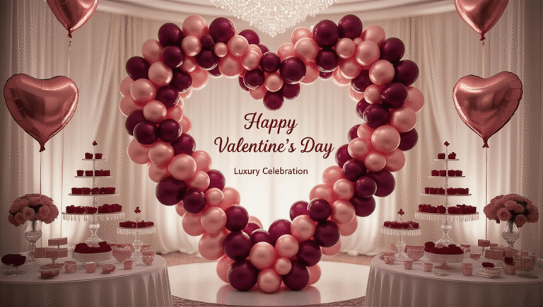 Elegant Valentine's Day ballroom setup with cascading heart-shaped balloon installation, ornate dessert table, and intimate table settings in rich colors, illuminated by soft, romantic lighting.
