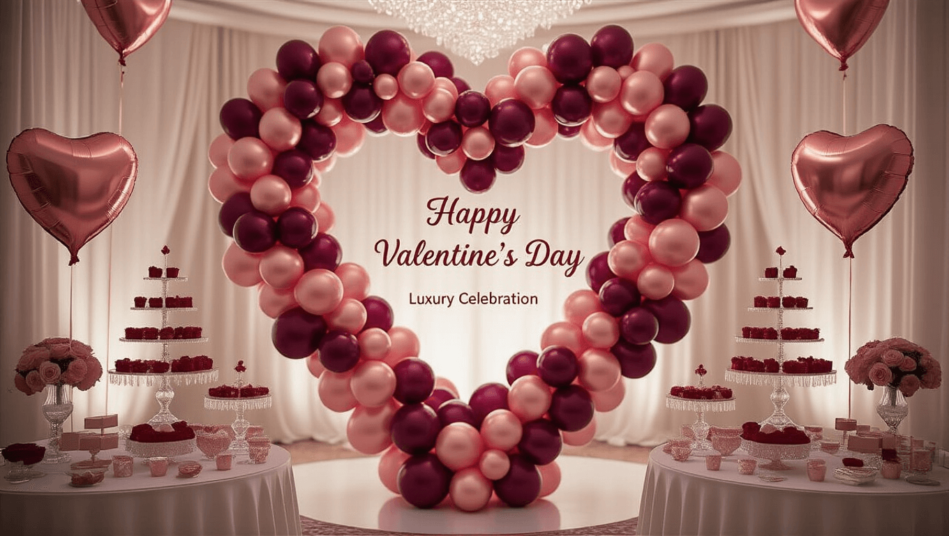 Elegant Valentine's Day ballroom setup with cascading heart-shaped balloon installation, ornate dessert table, and intimate table settings in rich colors, illuminated by soft, romantic lighting.