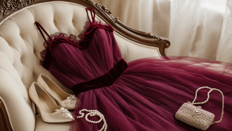 A vintage boudoir scene showcasing a burgundy tulle dress with velvet ribbon, arranged on a cream chaise lounge, surrounded by satin pumps, pearls, and crystal accessories, illuminated by soft, diffused lighting with a focus on intricate details.