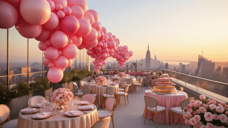 Luxurious rooftop terrace at golden hour with pink ombre balloon installations, elegant tables set with champagne linens and crystal decor, a dessert cart featuring pink macarons, a champagne wall with roses, and a modern cityscape backdrop, all captured in hyperrealistic 8K resolution with a soft bokeh effect.