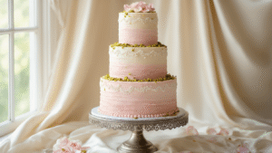 A photorealistic three-tiered wedding cake with blush pink ombré buttercream frosting, adorned with crushed pistachios, edible rose petals, and gold leaf accents. Displayed on an ornate silver cake stand against a cream silk backdrop, the middle tier is in focus, showcasing intricate lace-like piping in pearl white, while a slice reveals a moist crumb. Garnished with fresh garden roses and whole pistachios, the image captures soft natural lighting and detailed textures.