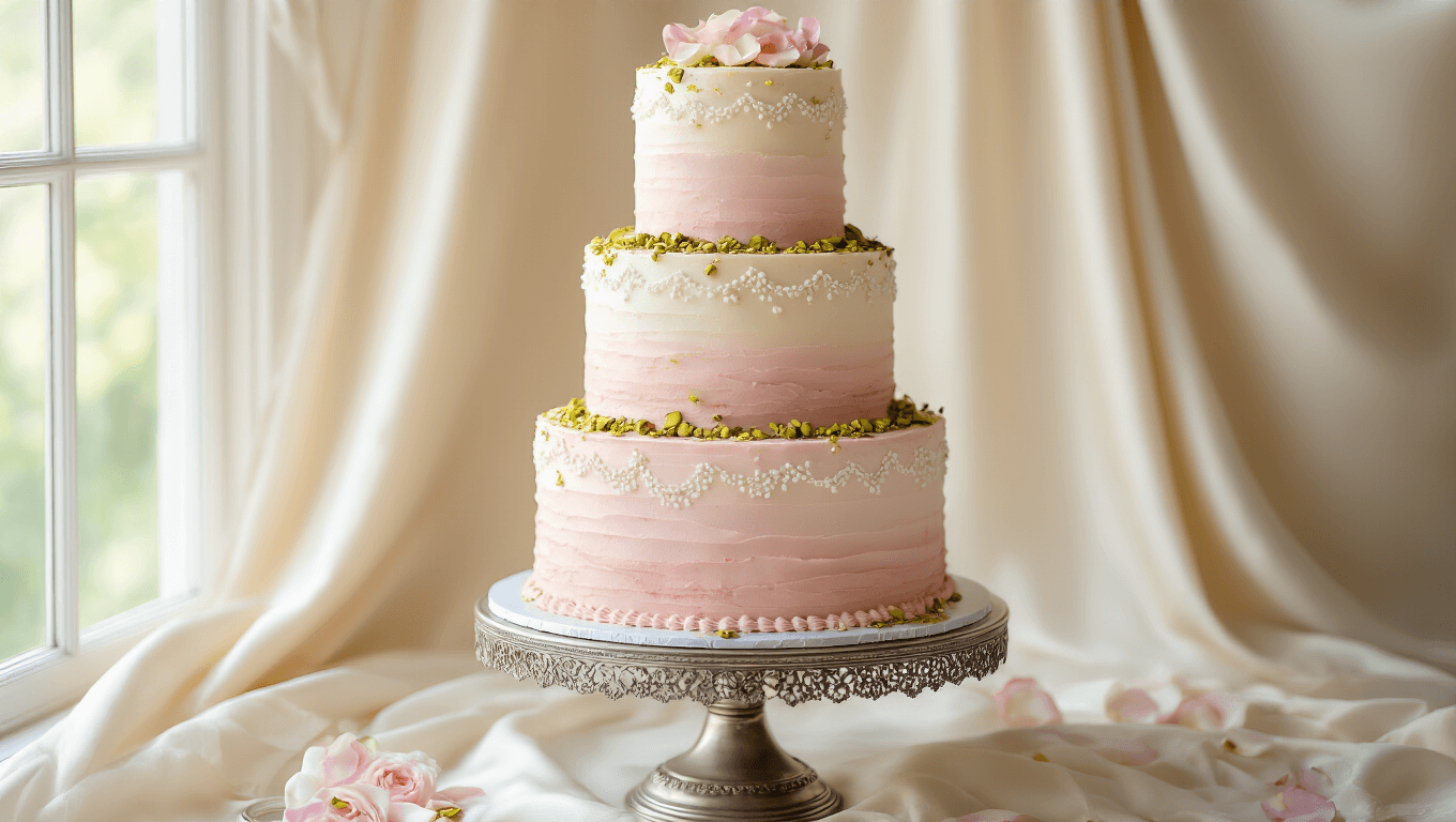 A photorealistic three-tiered wedding cake with blush pink ombré buttercream frosting, adorned with crushed pistachios, edible rose petals, and gold leaf accents. Displayed on an ornate silver cake stand against a cream silk backdrop, the middle tier is in focus, showcasing intricate lace-like piping in pearl white, while a slice reveals a moist crumb. Garnished with fresh garden roses and whole pistachios, the image captures soft natural lighting and detailed textures.