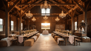 Epic Birthday Party Venues: The Ultimate Guide to Unforgettable Celebrations A transformed rustic barn interior at golden hour, featuring wooden beams with twinkle lights, long farmhouse tables with blush linen and wildflower decor, vintage chandeliers, hay bale lounges, a whimsical dessert cart, and a flower-adorned photo backdrop, illuminated by natural light streaming through barn windows.