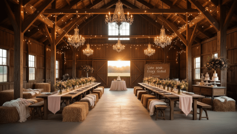 A transformed rustic barn interior at golden hour, featuring wooden beams with twinkle lights, long farmhouse tables with blush linen and wildflower decor, vintage chandeliers, hay bale lounges, a whimsical dessert cart, and a flower-adorned photo backdrop, illuminated by natural light streaming through barn windows.