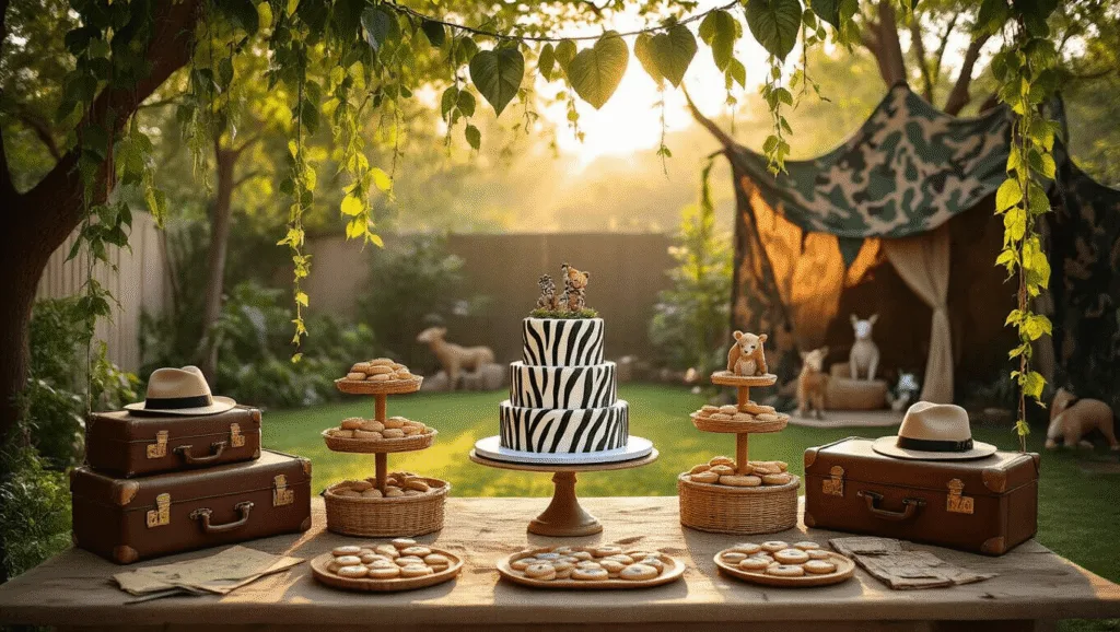 A vibrant backyard transformed into a safari-themed birthday party, featuring a zebra-striped cake, animal-shaped cookies, and rustic explorer decorations, all bathed in warm golden light with dappled shadows from overhanging vines.