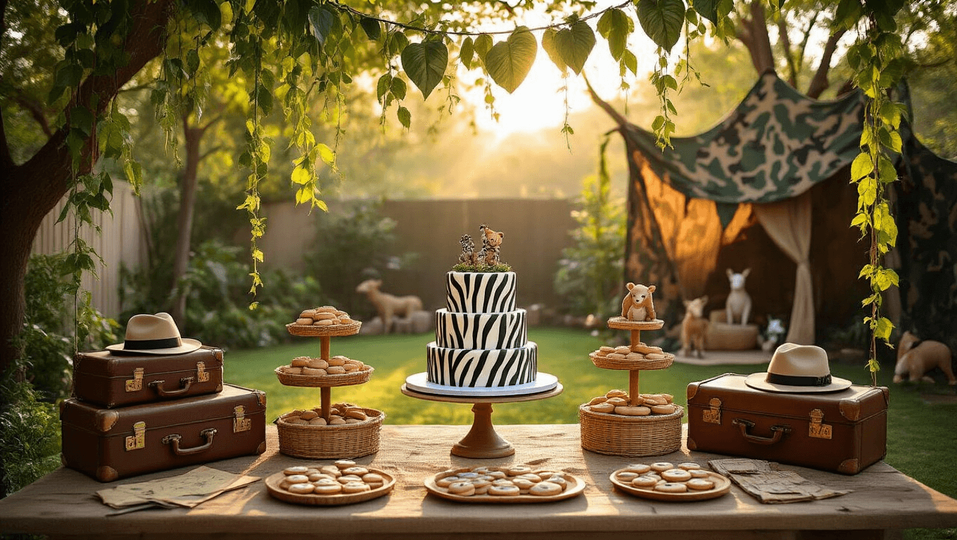 A vibrant backyard transformed into a safari-themed birthday party, featuring a zebra-striped cake, animal-shaped cookies, and rustic explorer decorations, all bathed in warm golden light with dappled shadows from overhanging vines.
