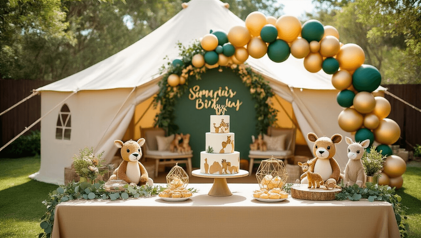 A sunlit safari-themed first birthday party setup featuring an ivory tent, khaki-dressed tables with plush animal centerpieces and eucalyptus garlands, oversized gold and forest green balloons, and a dessert table with a three-tiered safari cake. A dedicated photo area with palm fronds and "ONE" in gold letters, children playing in a mini safari obstacle course, and parents lounging on luxury picnic blankets, all captured in a dreamy golden hour light.