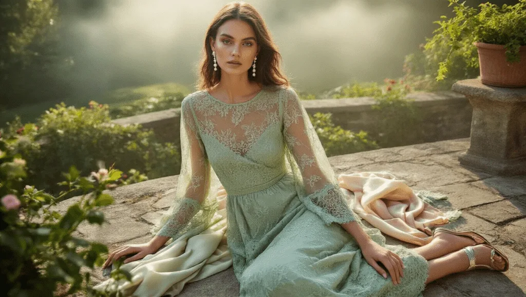 Flatlay of a sage green lace midi dress with sheer sleeves on a stone garden terrace, styled with pearl drop earrings, metallic sandals, and a silk scarf in soft morning light, featuring macro details of lace patterns and fabric transparency.