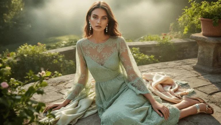 Flatlay of a sage green lace midi dress with sheer sleeves on a stone garden terrace, styled with pearl drop earrings, metallic sandals, and a silk scarf in soft morning light, featuring macro details of lace patterns and fabric transparency.