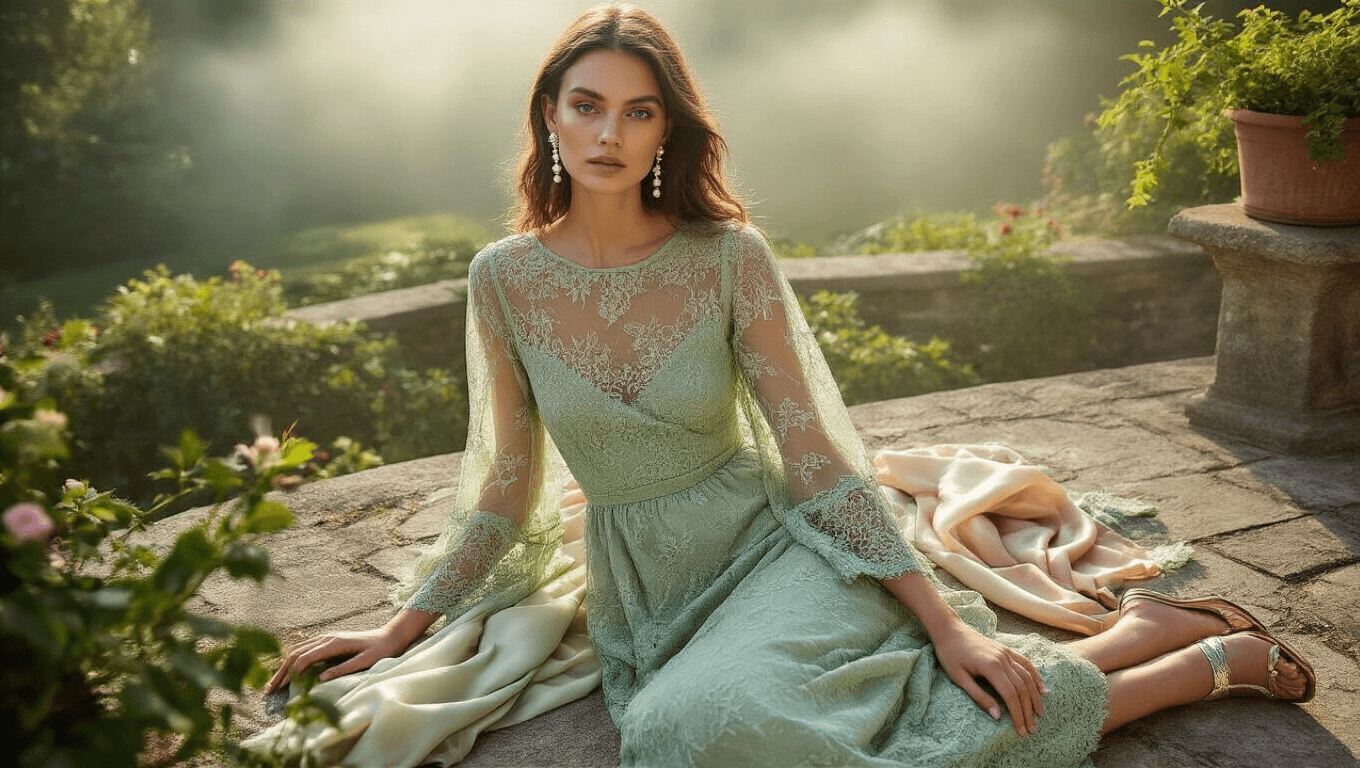 Flatlay of a sage green lace midi dress with sheer sleeves on a stone garden terrace, styled with pearl drop earrings, metallic sandals, and a silk scarf in soft morning light, featuring macro details of lace patterns and fabric transparency.