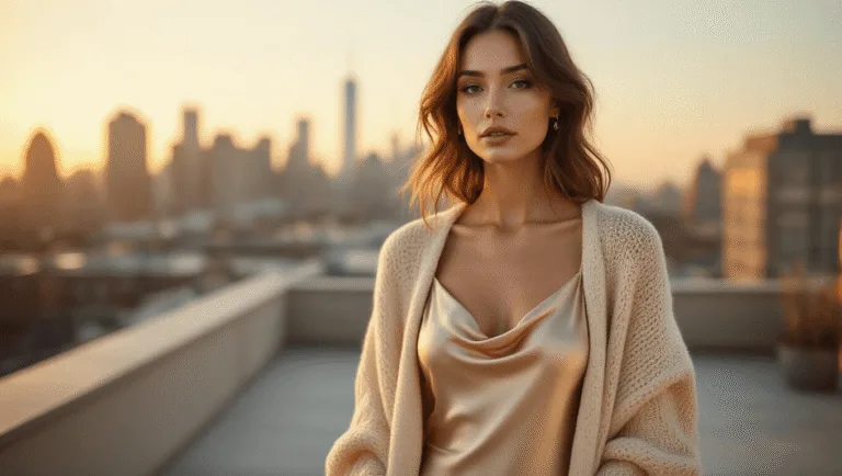 A model wearing a champagne-colored satin slip dress with a cowl neck, styled with an oversized cream knit cardigan, stands on a modern rooftop terrace during golden hour, with urban skyline bokeh in the background and soft, warm lighting accentuating the fabric's texture.