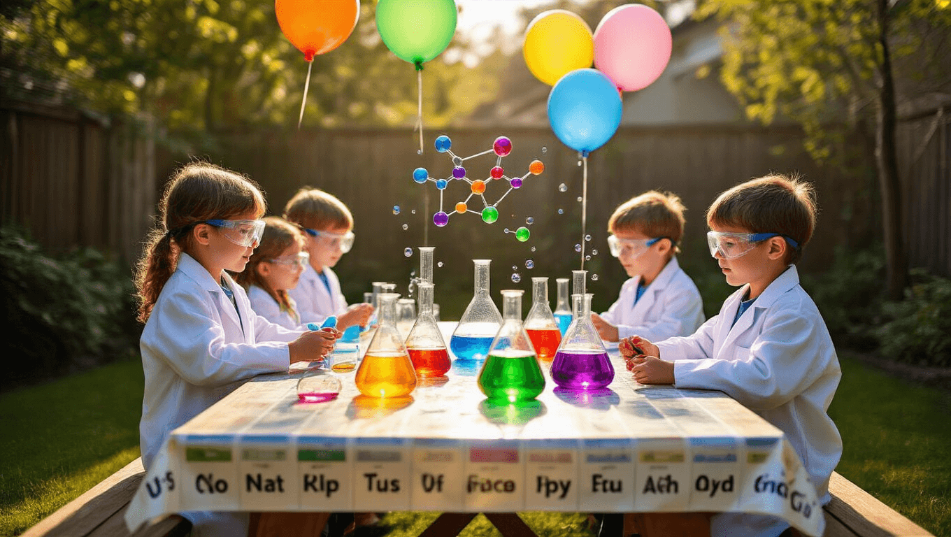 A vibrant backyard transformed into a children's science laboratory with colorful glass beakers, young kids in lab coats conducting experiments, and a papier-mâché volcano erupting under floating molecular balloons, all bathed in golden afternoon light.