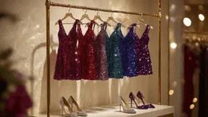 Boutique display of shimmering sequin mini dresses in jewel tones, hanging on a gold rack against a cream wall, accented by evening lighting, crystal accessories, and metallic stilettos, evoking a moody, glamorous atmosphere.