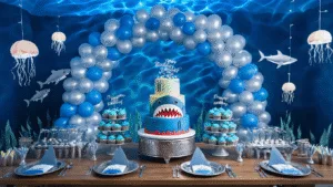 A stunning indoor shark-themed birthday party with deep ocean blue walls, a dramatic dessert table featuring a 3-tier shark cake and blue ombre cupcakes, a metallic balloon arch, a custom shark photo booth, and ambient jellyfish lanterns, all bathed in soft blue light.