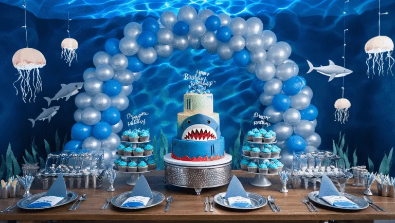 A stunning indoor shark-themed birthday party with deep ocean blue walls, a dramatic dessert table featuring a 3-tier shark cake and blue ombre cupcakes, a metallic balloon arch, a custom shark photo booth, and ambient jellyfish lanterns, all bathed in soft blue light.