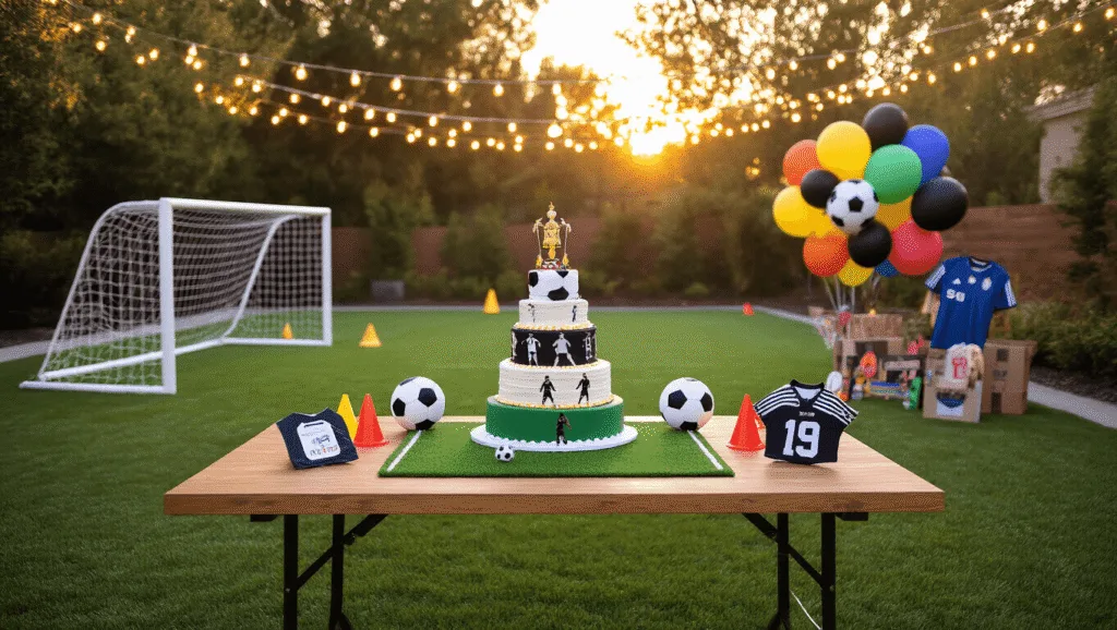 Photorealistic backyard soccer birthday party setup during golden hour, featuring a miniature soccer field, colorful training cones, string lights, a three-tiered soccer-themed cake, and children playing in vibrant jerseys amidst a warm, inviting atmosphere.