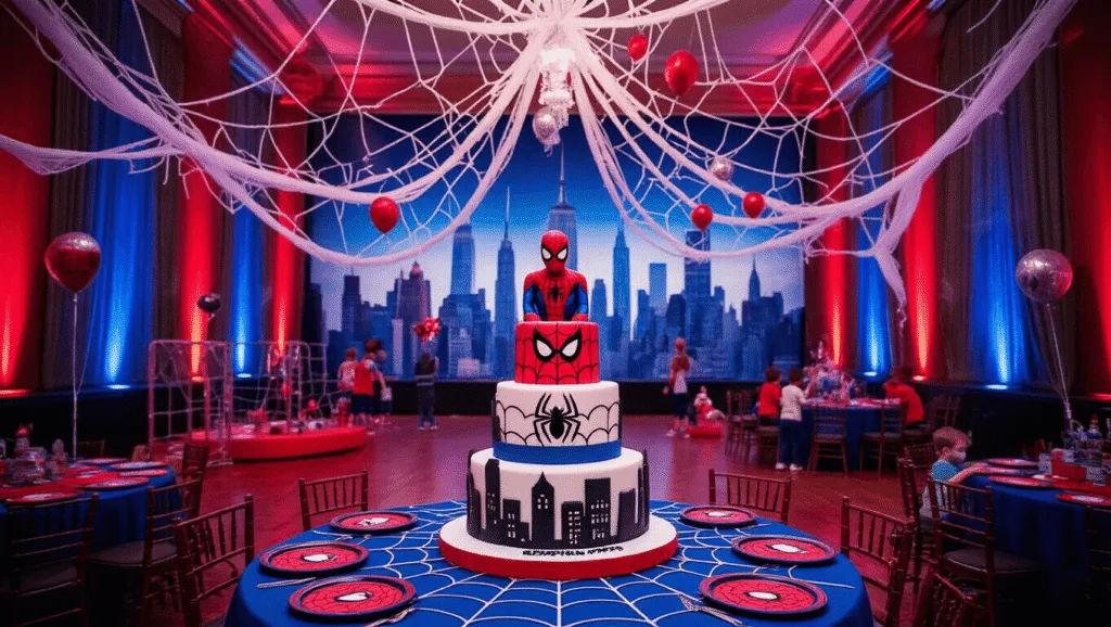 A vibrant Spiderman-themed birthday party in a grand ballroom with a New York City skyline backdrop, featuring a three-tiered Spiderman cake, activity stations, and children in costumes playing amidst dramatic uplighting and suspended spider webs.