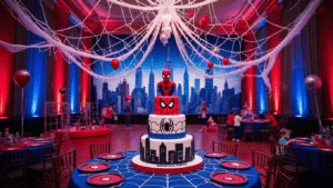A vibrant Spiderman-themed birthday party in a grand ballroom with a New York City skyline backdrop, featuring a three-tiered Spiderman cake, activity stations, and children in costumes playing amidst dramatic uplighting and suspended spider webs.