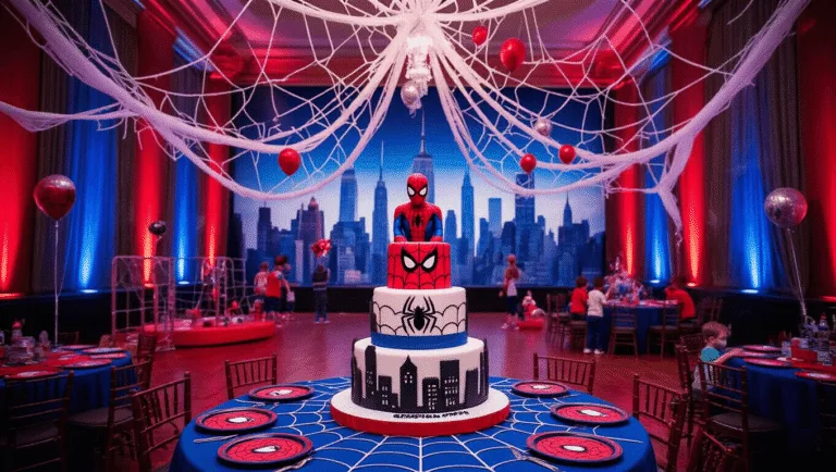 A vibrant Spiderman-themed birthday party in a grand ballroom with a New York City skyline backdrop, featuring a three-tiered Spiderman cake, activity stations, and children in costumes playing amidst dramatic uplighting and suspended spider webs.