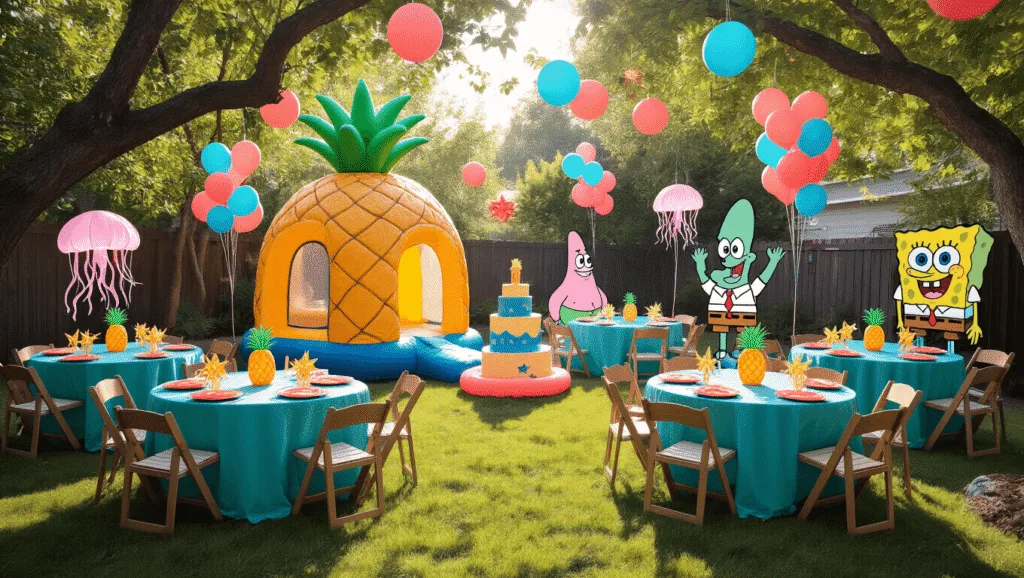 A vibrant backyard birthday party transformed into Bikini Bottom, featuring a pineapple bounce house, ocean-themed decorations, and characters from SpongeBob SquarePants, with children playing in the background.
