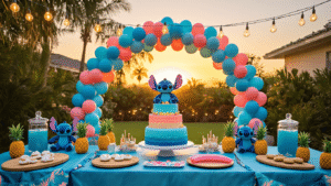 A tropical birthday celebration scene at sunset featuring a grand balloon arch, decorated tables with blue silk linens and Stitch plushies, a tiered blue ombre cake, and children playing in a lush backyard paradise.