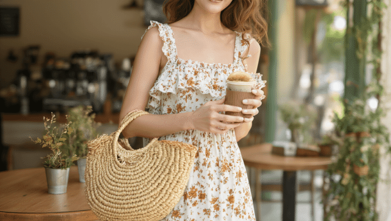 A woman in a floral ruffle sundress sits at a rustic cafe, bathed in golden light, holding a straw bag and a cup of coffee, creating a soft and dreamy atmosphere.