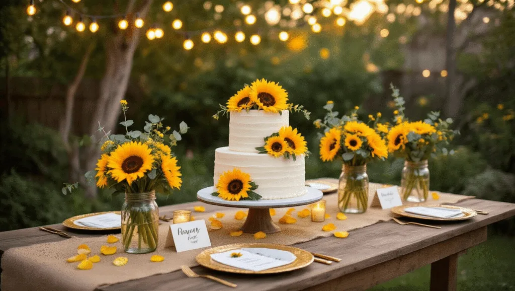 A beautifully arranged outdoor birthday celebration featuring a rustic farmhouse table adorned with sunflowers, a three-tiered cake, and soft lighting from string lights, creating a warm and inviting atmosphere at golden hour.