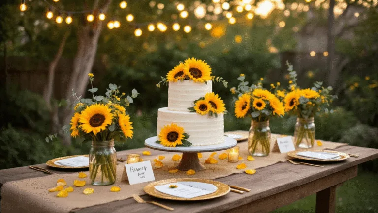 A beautifully arranged outdoor birthday celebration featuring a rustic farmhouse table adorned with sunflowers, a three-tiered cake, and soft lighting from string lights, creating a warm and inviting atmosphere at golden hour.