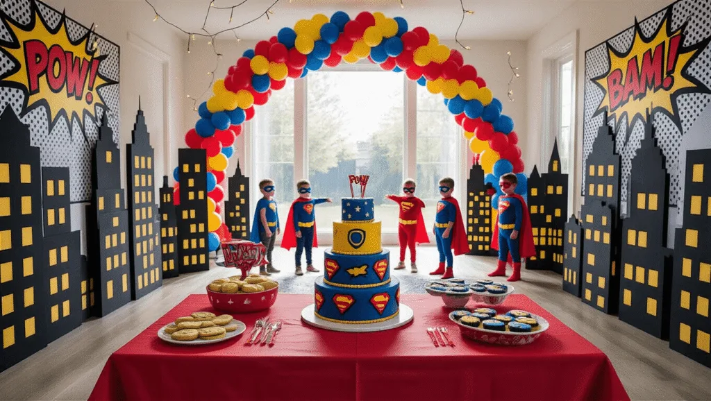 A vibrant superhero-themed birthday party in a sunlit living room, featuring a dessert table with a comic book cake and shield-shaped cookies, surrounded by playful children in capes, colorful balloon decor, and comic book backdrops, captured in hyperrealistic detail.