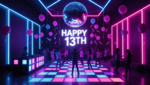 A vibrant neon-lit indoor birthday party for a teenager, featuring a large disco ball, LED strip lights, and a "Happy 13th" holographic sign, with teens dancing amidst colorful shadows and dynamic lighting effects.