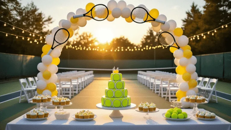 Photorealistic outdoor tennis court birthday celebration setup featuring oversized tennis racket arch, white chairs with silk ribbons, a tiered tennis ball-themed cake, and string lights, captured during golden hour with a shallow depth of field.